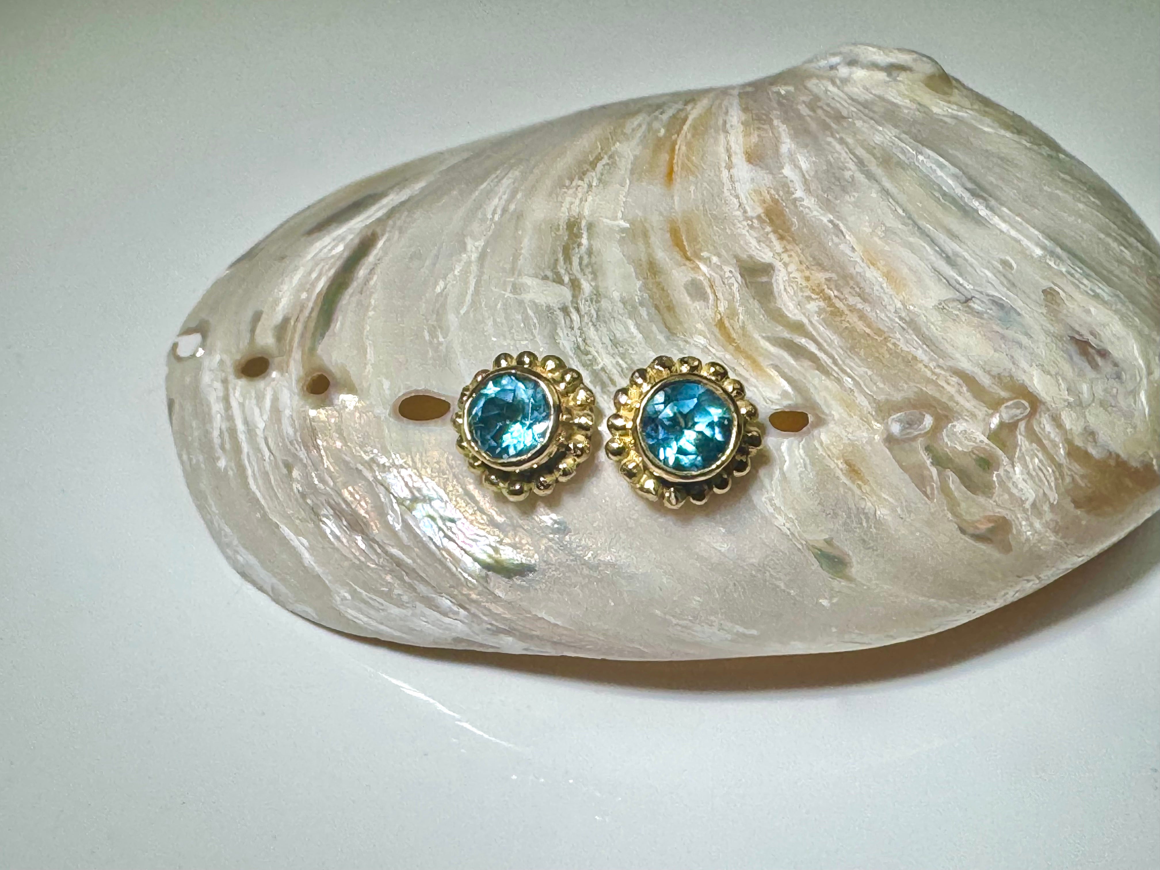 Blue Topaz Beaded Bezel 14k Studs