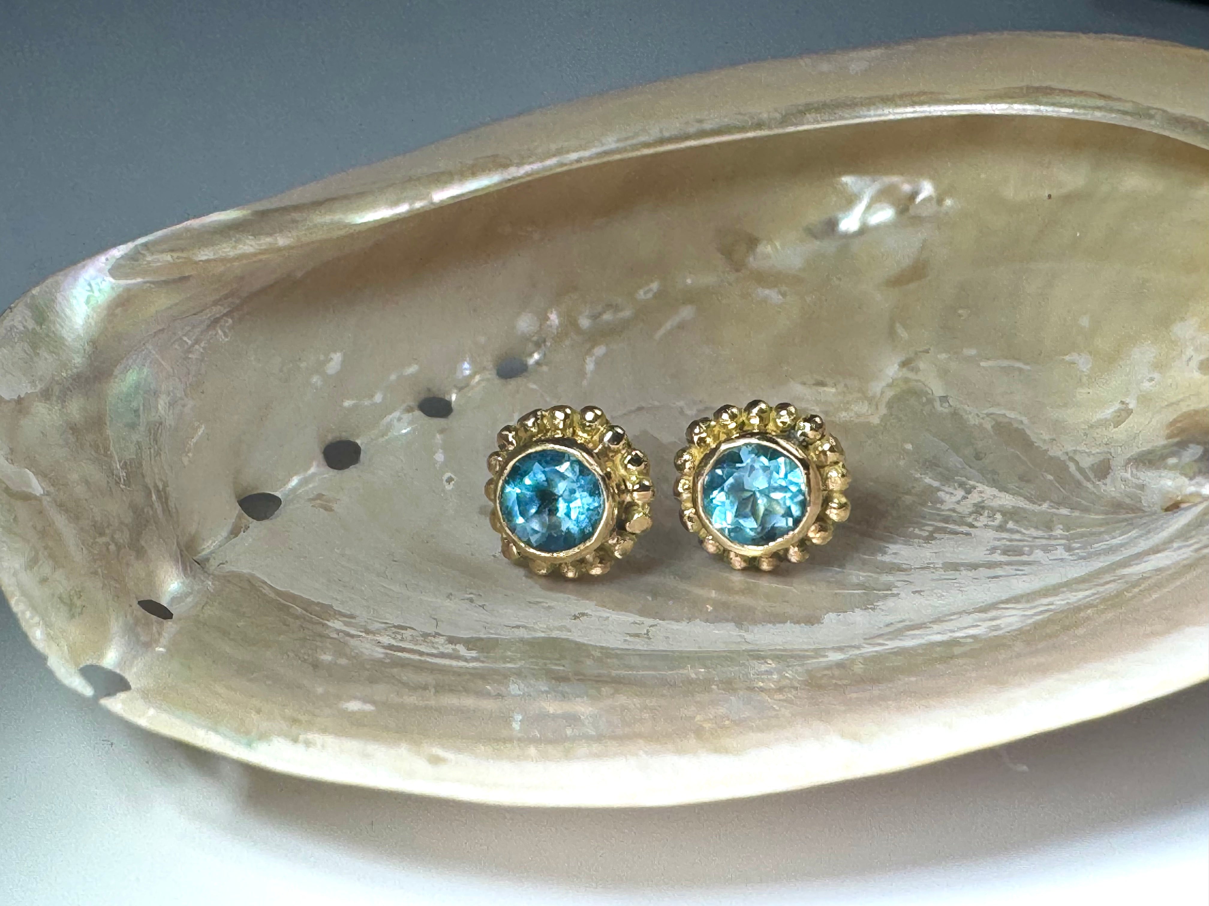 Blue Topaz Beaded Bezel 14k Studs