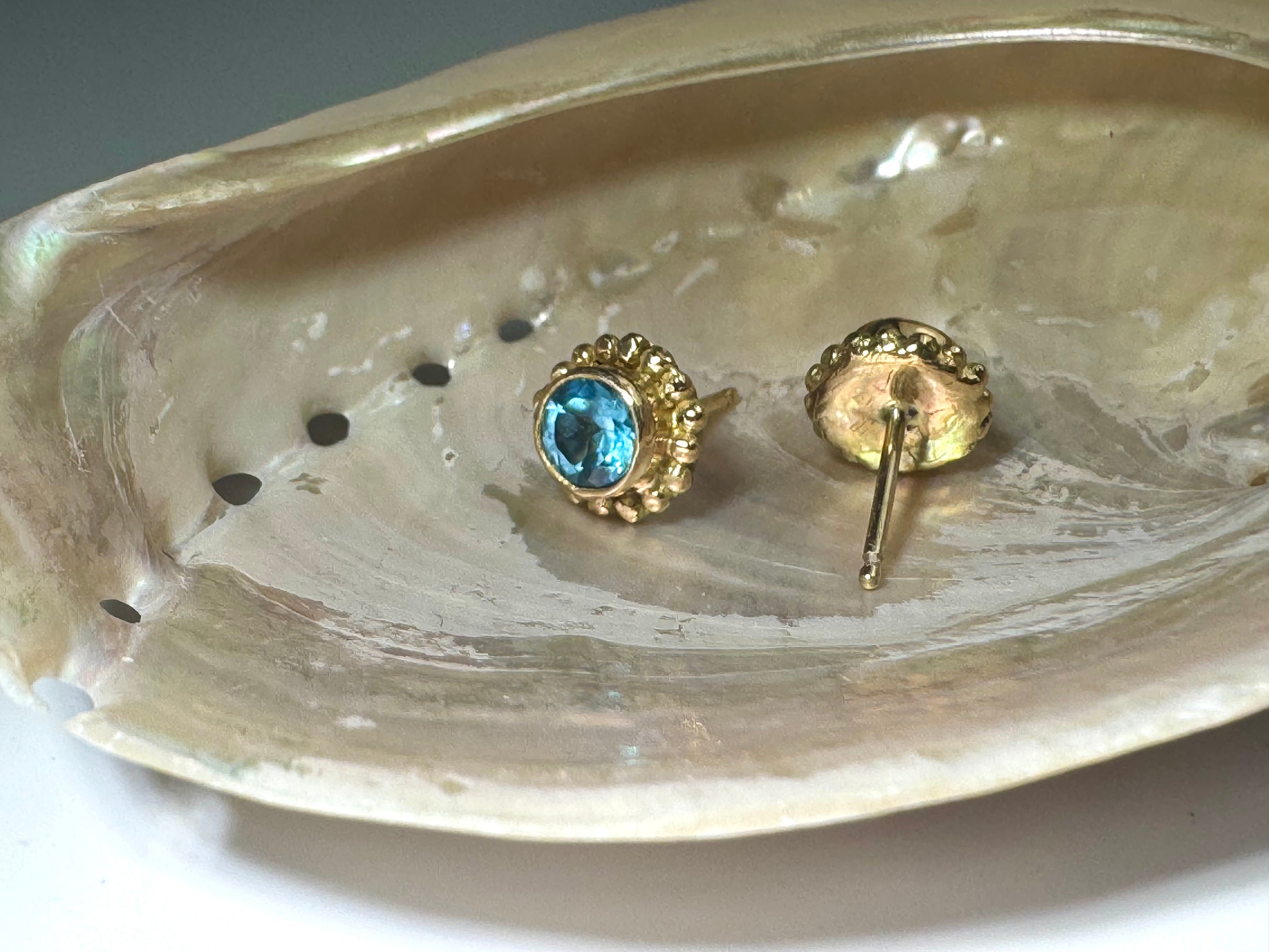 Blue Topaz Beaded Bezel 14k Studs