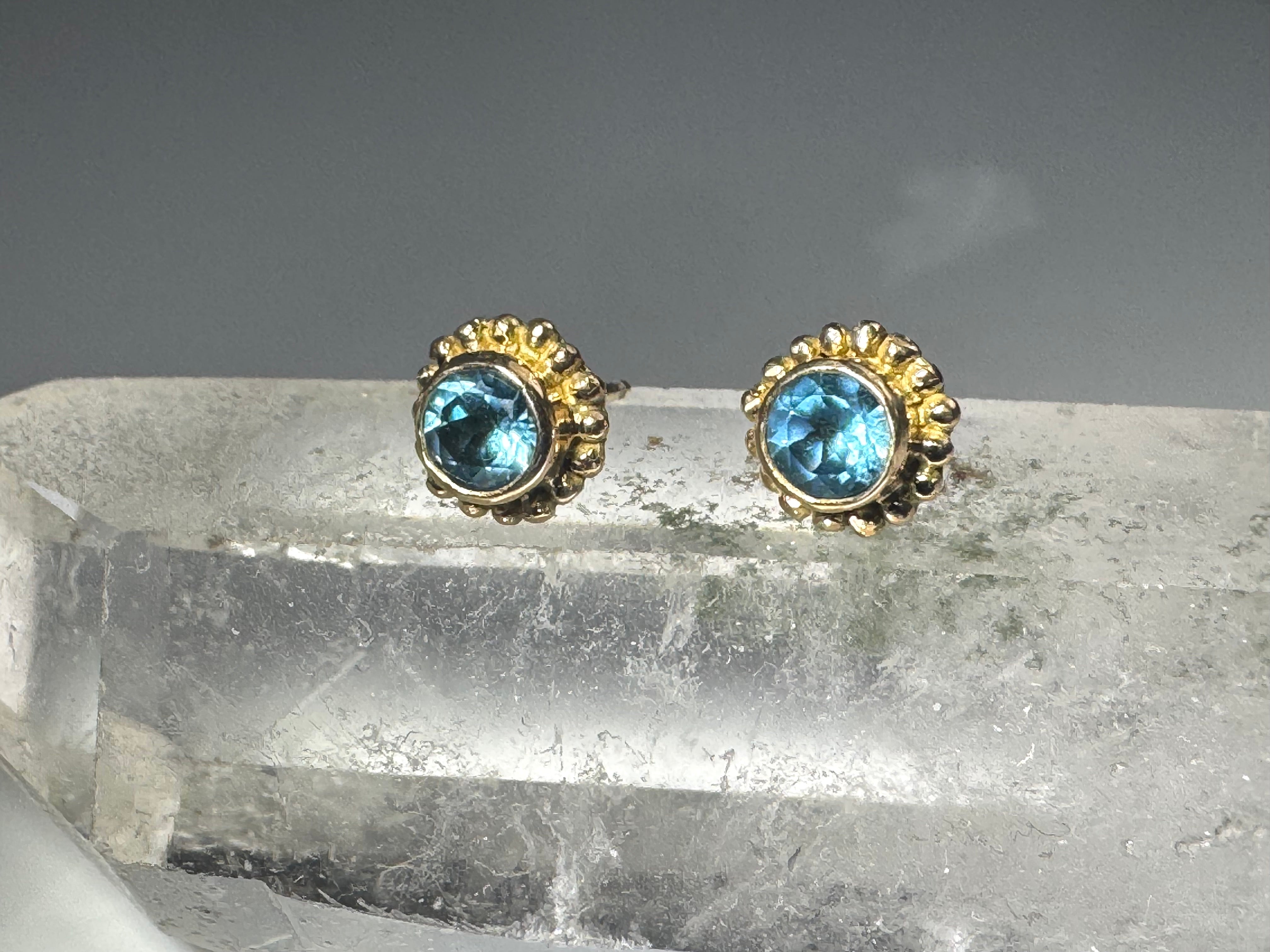 Blue Topaz Beaded Bezel 14k Studs