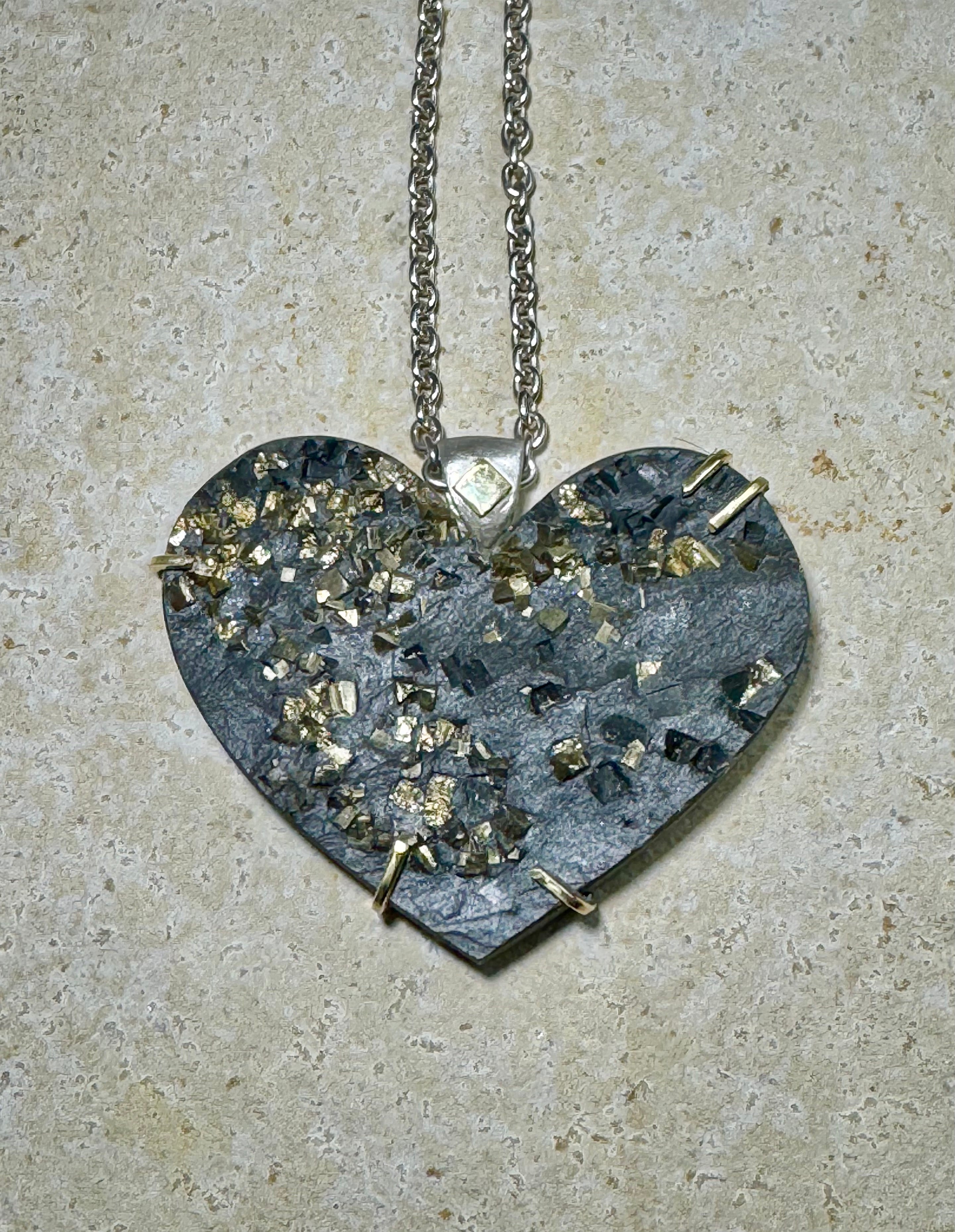 Pyrite Stone Heart Sterling & 18k Pendant 40.7. 40x50mm