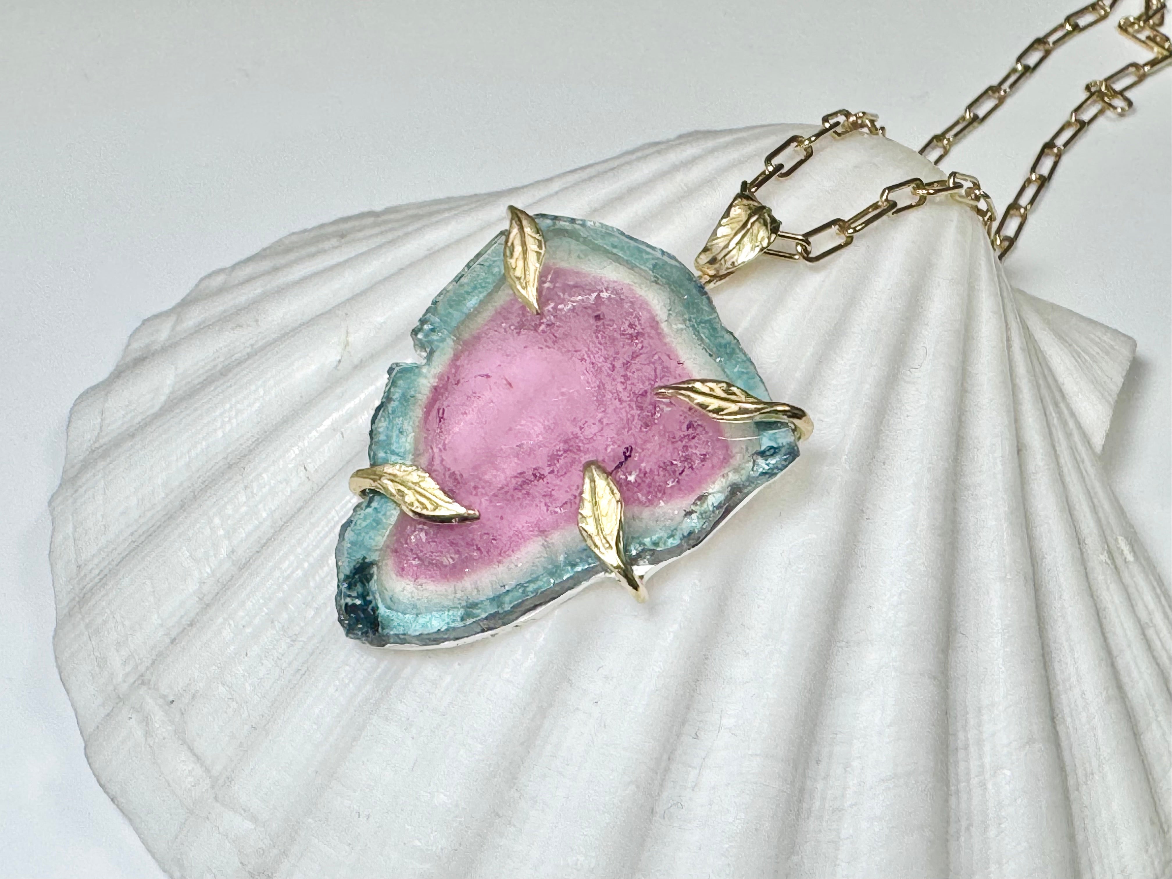 Watermelon Tourmaline Slice 18k Leaf Pendant