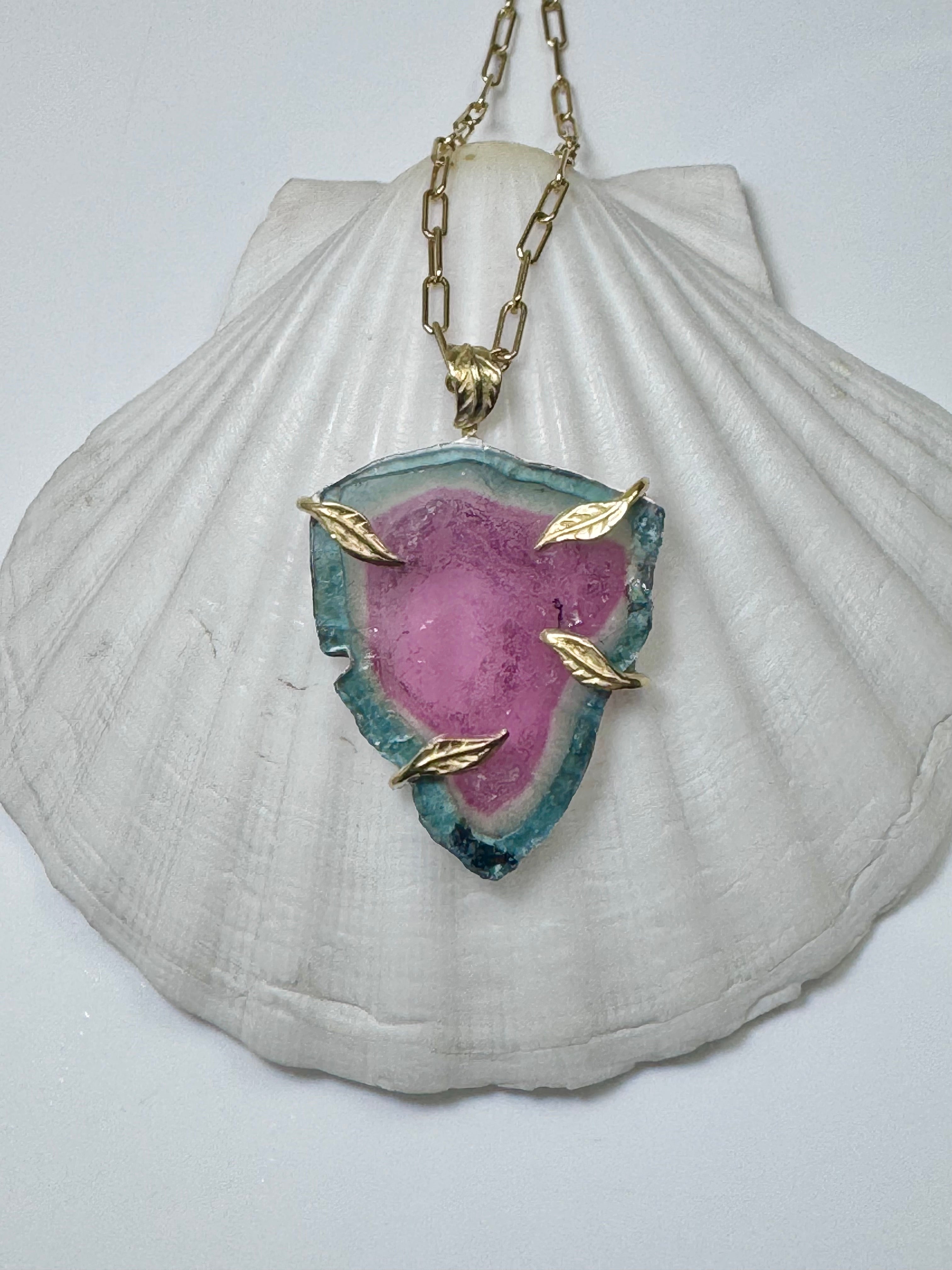 Watermelon Tourmaline Slice 18k Leaf Pendant