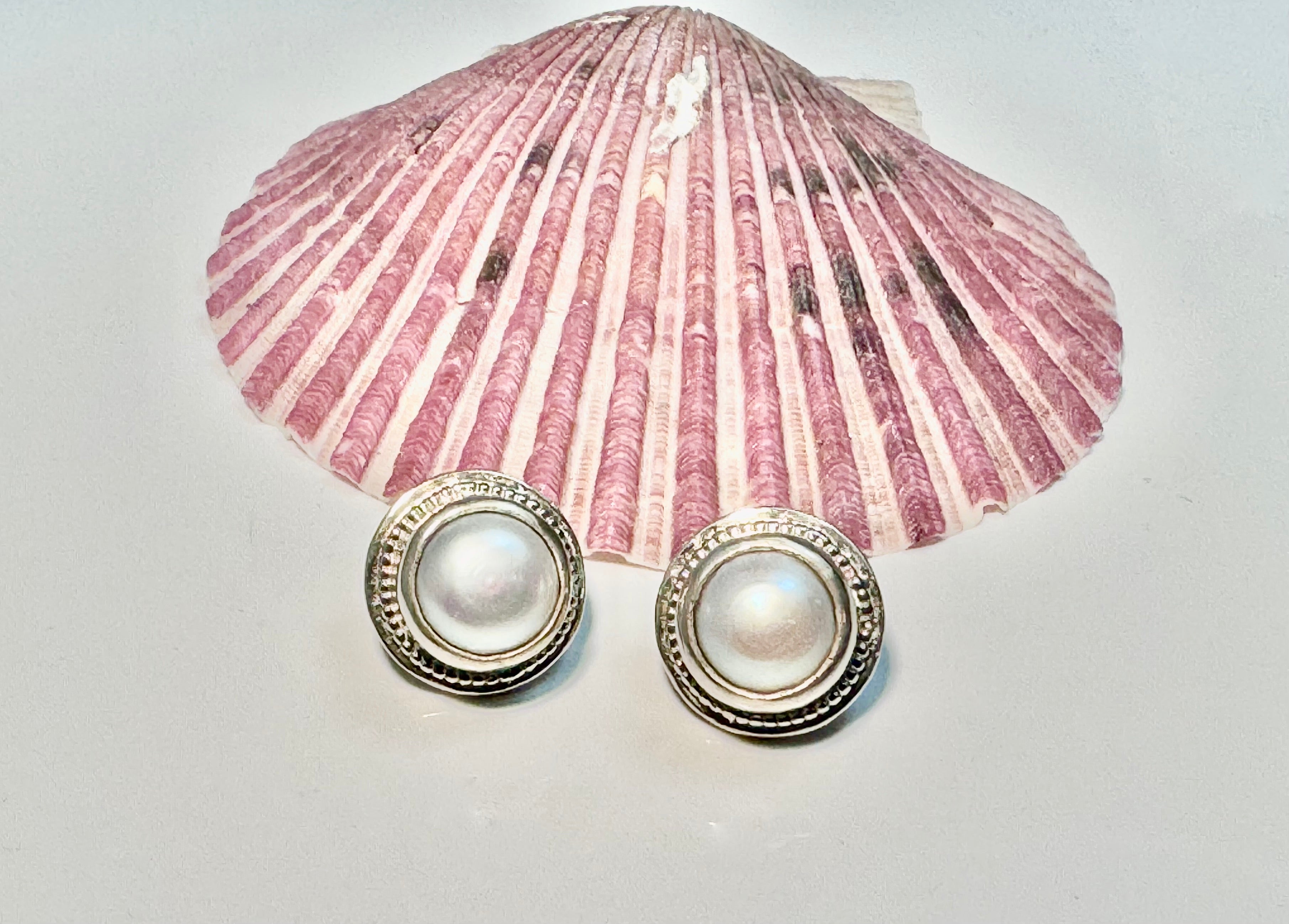Pearl Beaded Bezel Sterling Studs
