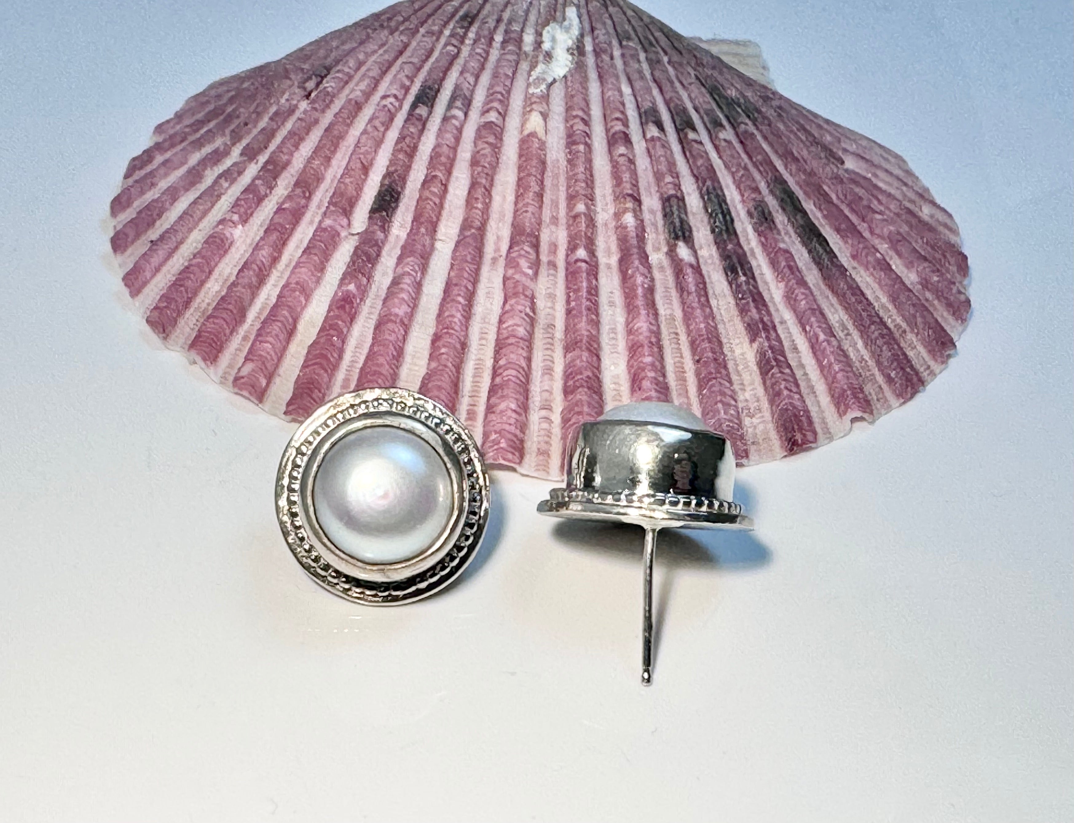 Pearl Beaded Bezel Sterling Studs