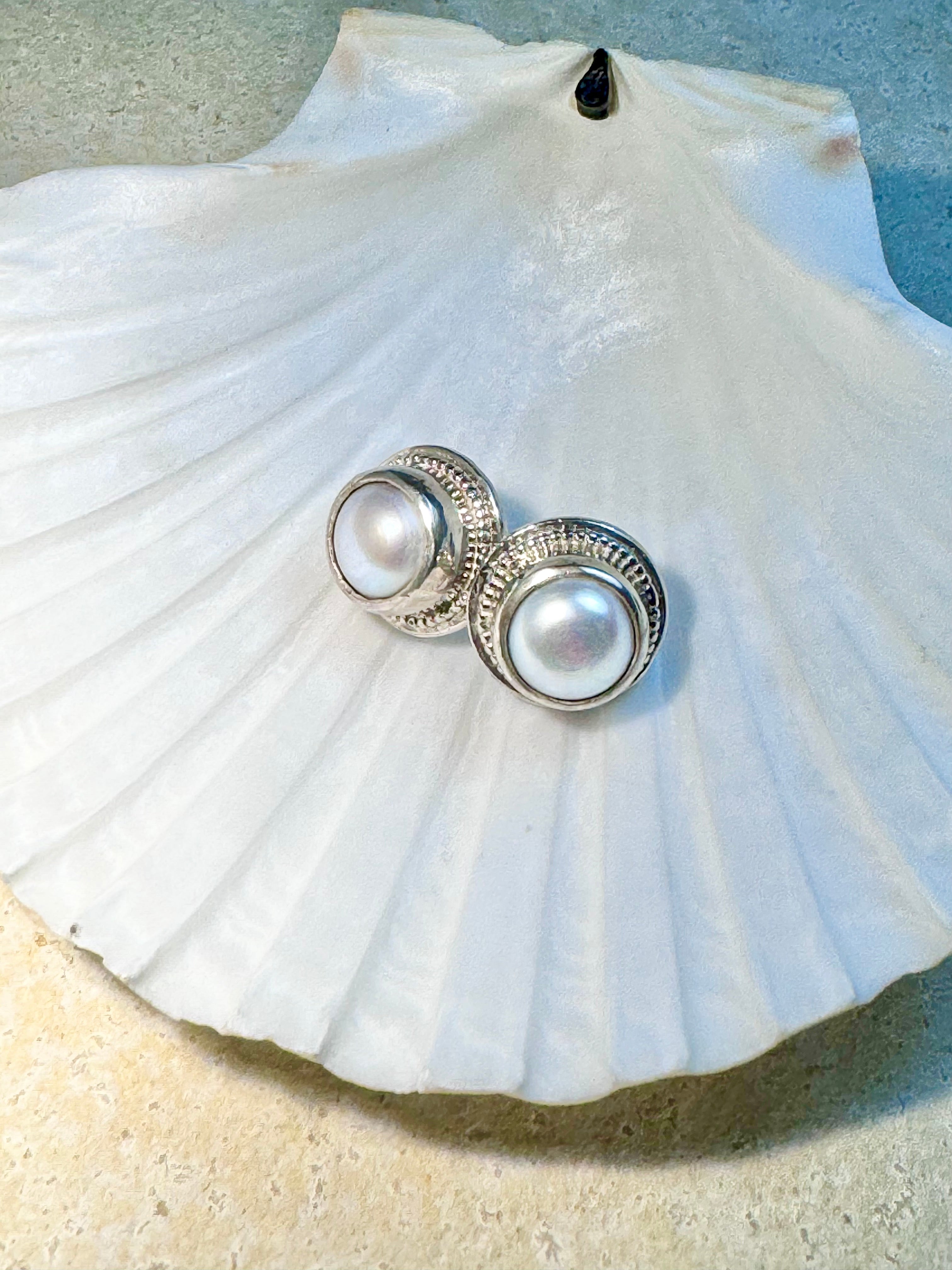 Pearl Beaded Bezel Sterling Studs