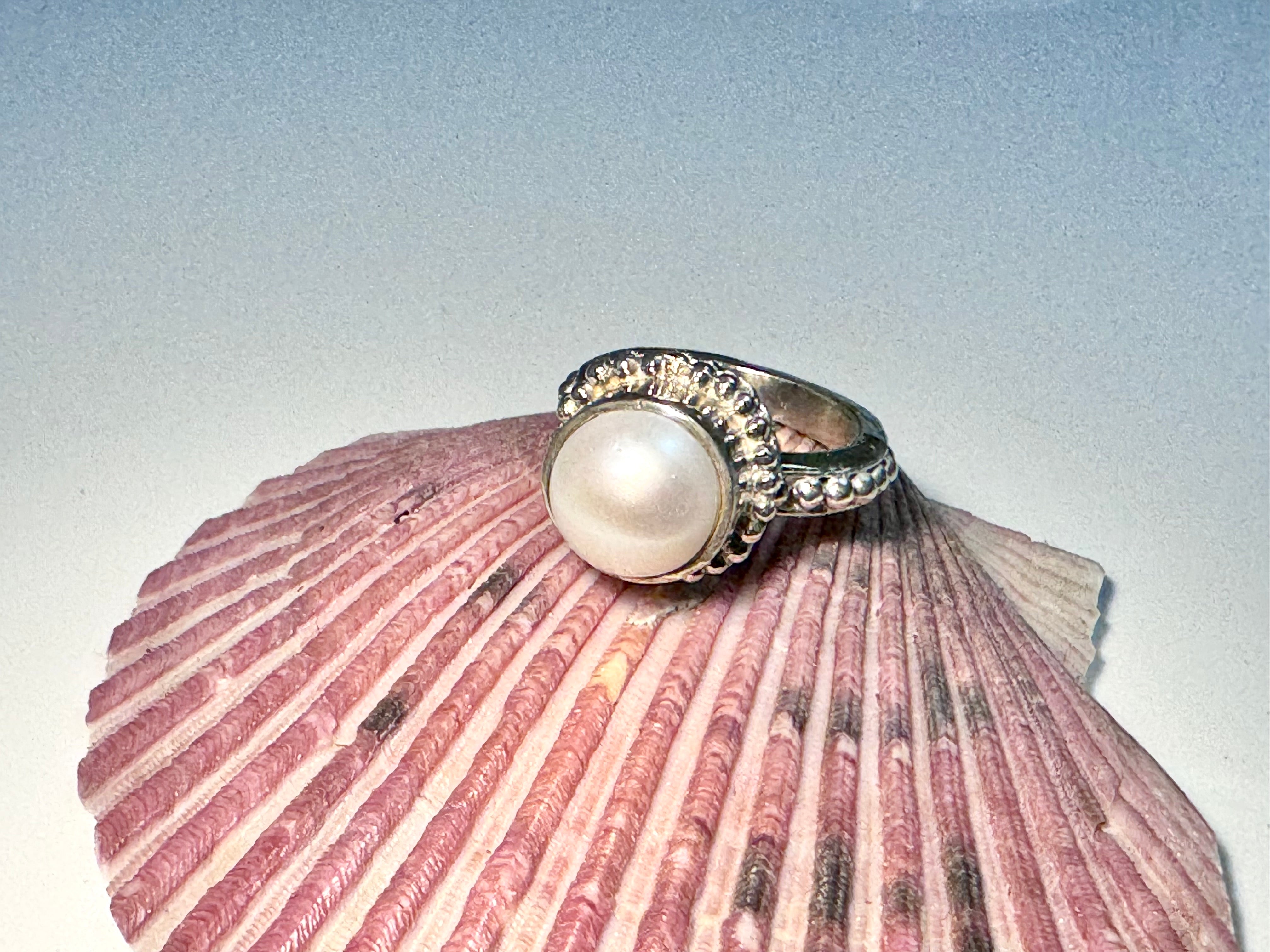 Pearl Beaded Bezel Sterling Ring