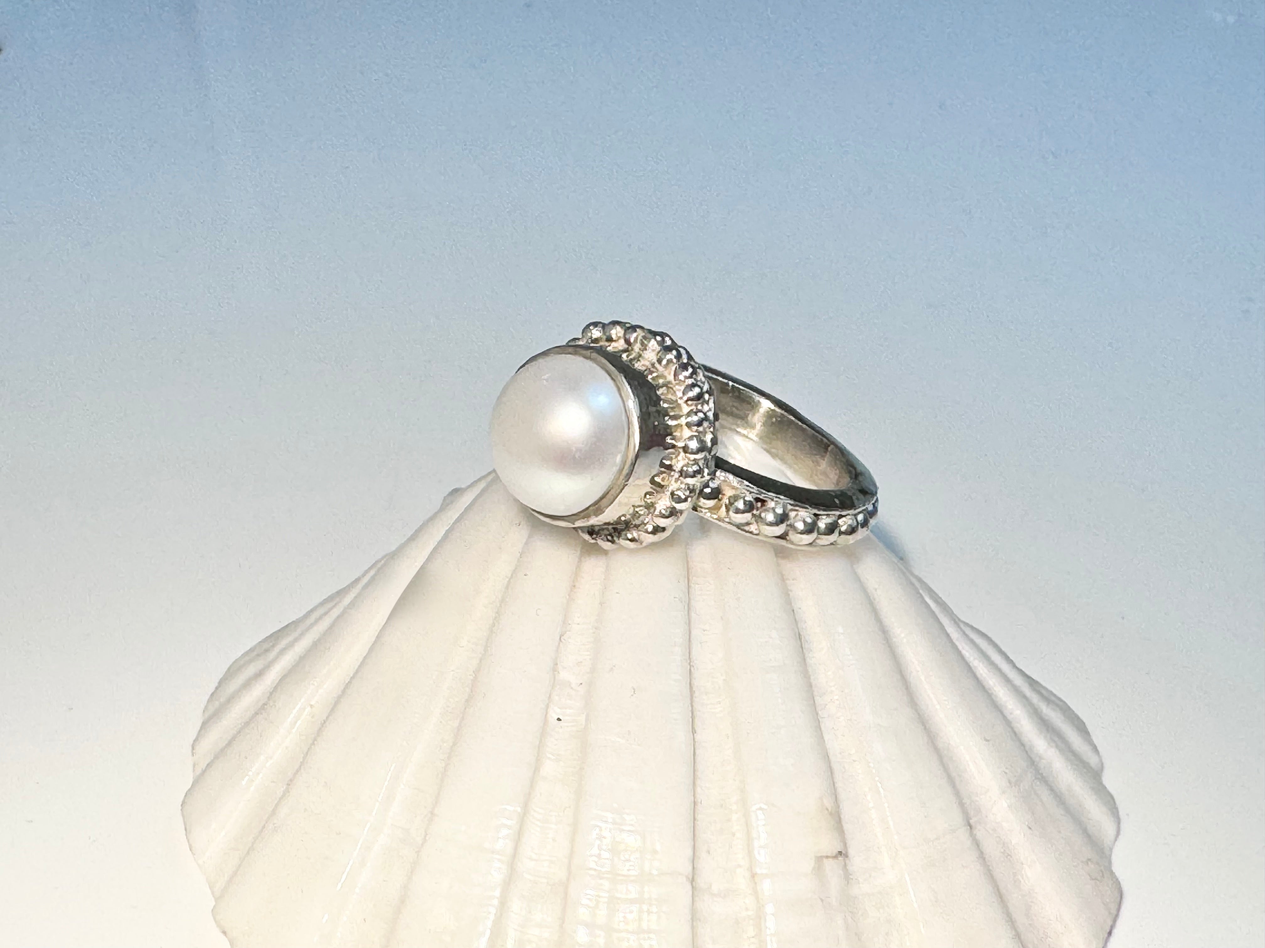 Pearl Beaded Bezel Sterling Ring