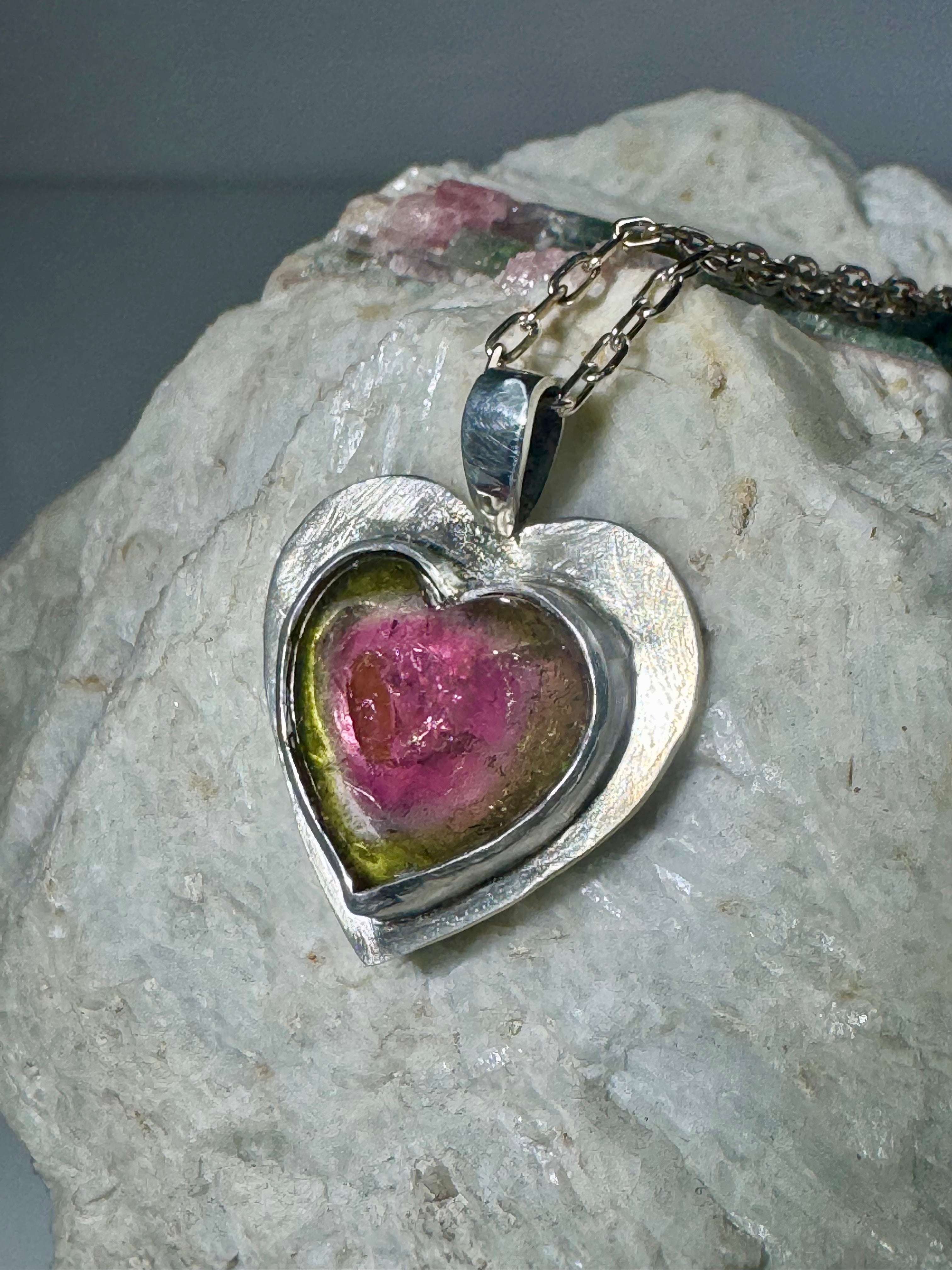 Watermelon Tourmaline Sterling Heart Pendant