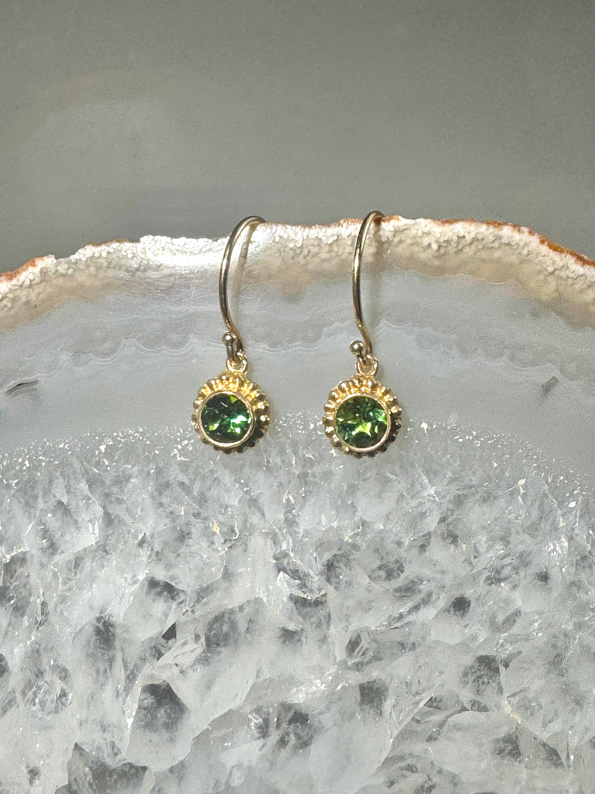 Green Tourmaline Beaded Bezel 14k Dangles