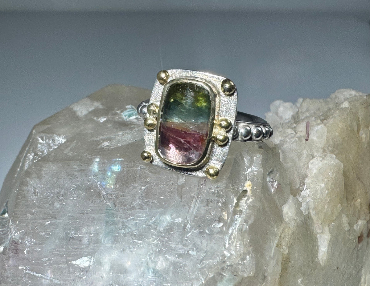 Watermelon Tourmaline Two Tone Beaded Ring