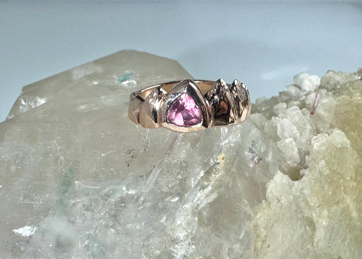 Pink Tourmaline Carved Mountain 14k Ring