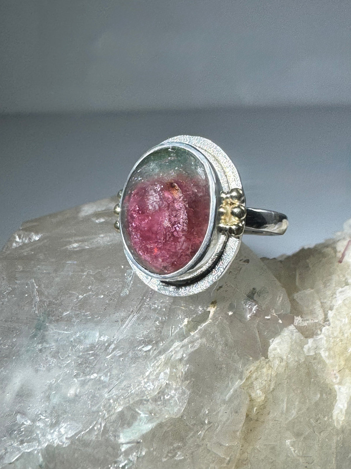 Watermelon Tourmaline Oval Two Tone Ring