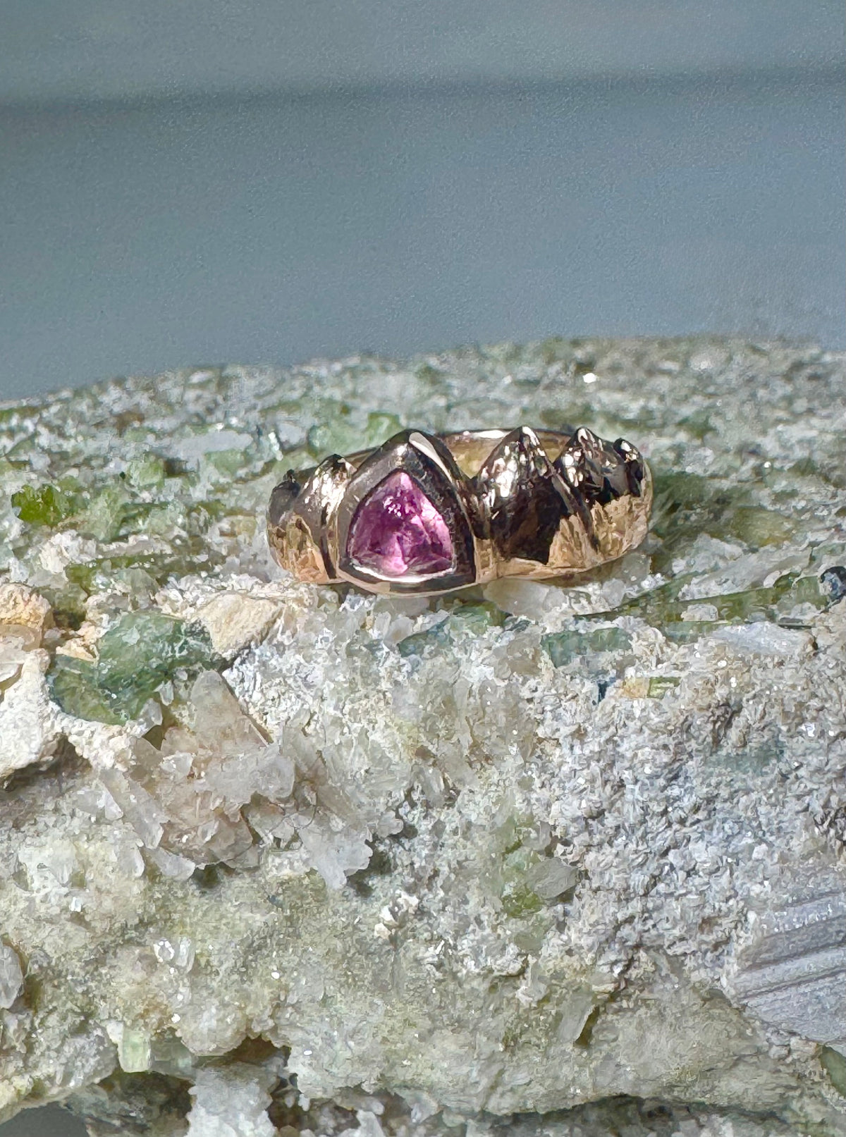 Pink Tourmaline Carved Mountain 14k Ring
