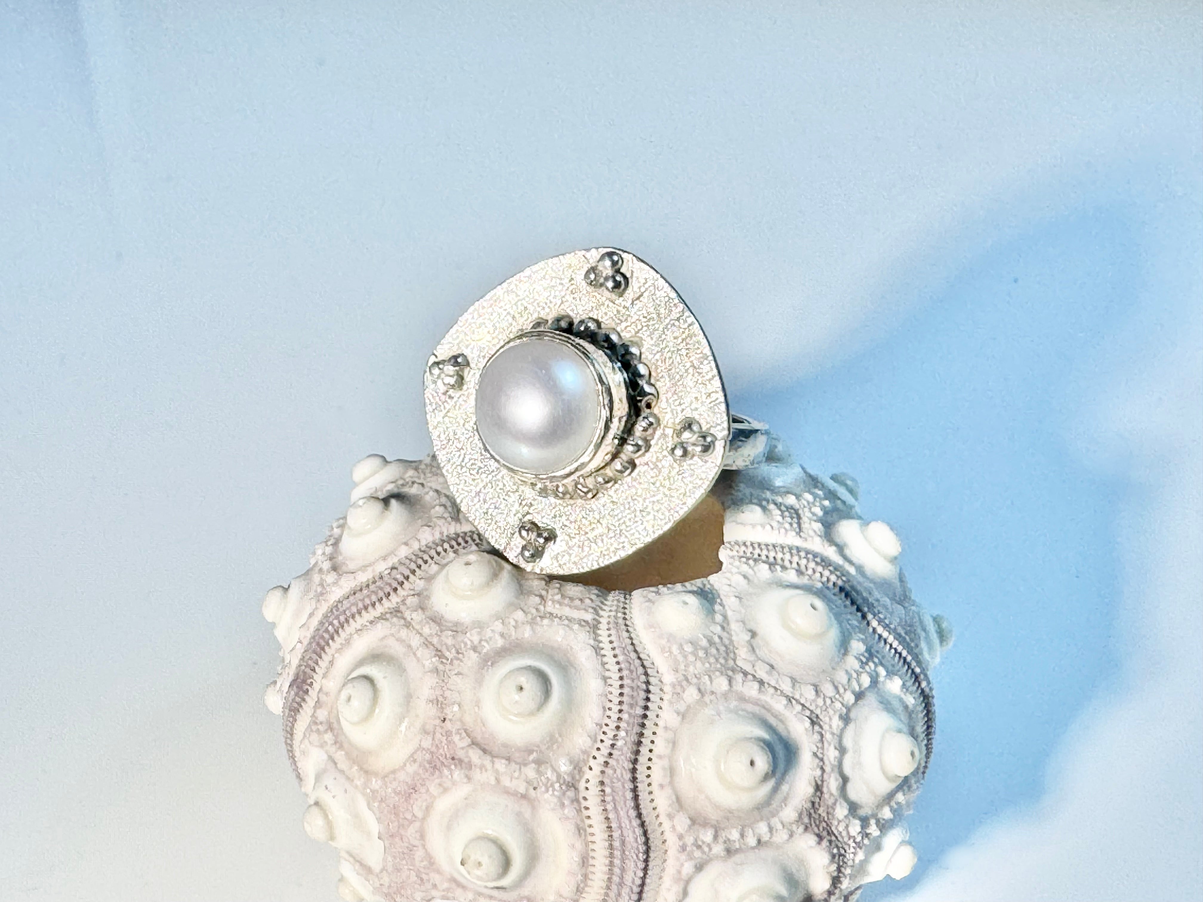 Pearl Beaded Antique Shape Sterling Ring