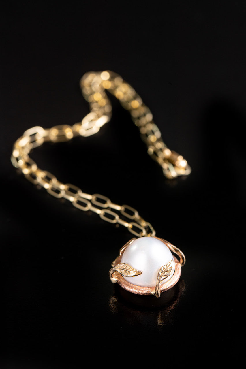 South Sea Pearl 14K Rose & Yellow Gold, Leaf Prong Necklace