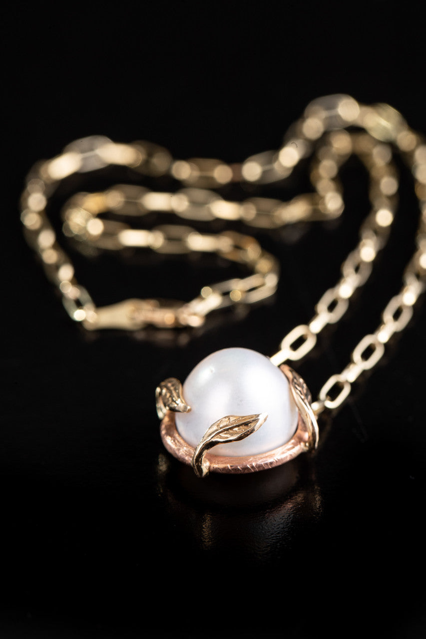 South Sea Pearl 14K Rose & Yellow Gold, Leaf Prong Necklace