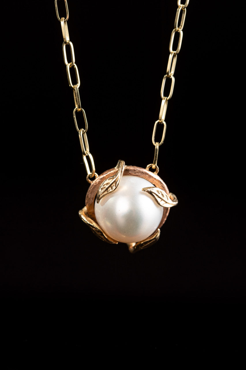South Sea Pearl 14K Rose & Yellow Gold, Leaf Prong Necklace