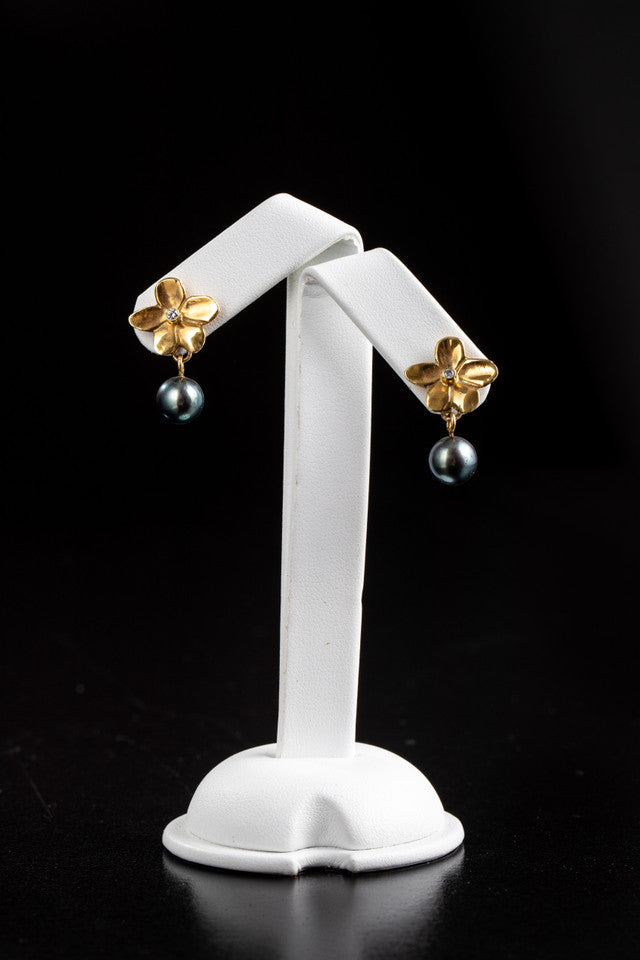 Black Tahitian Pearl & Diamond Flower 18k Dangles