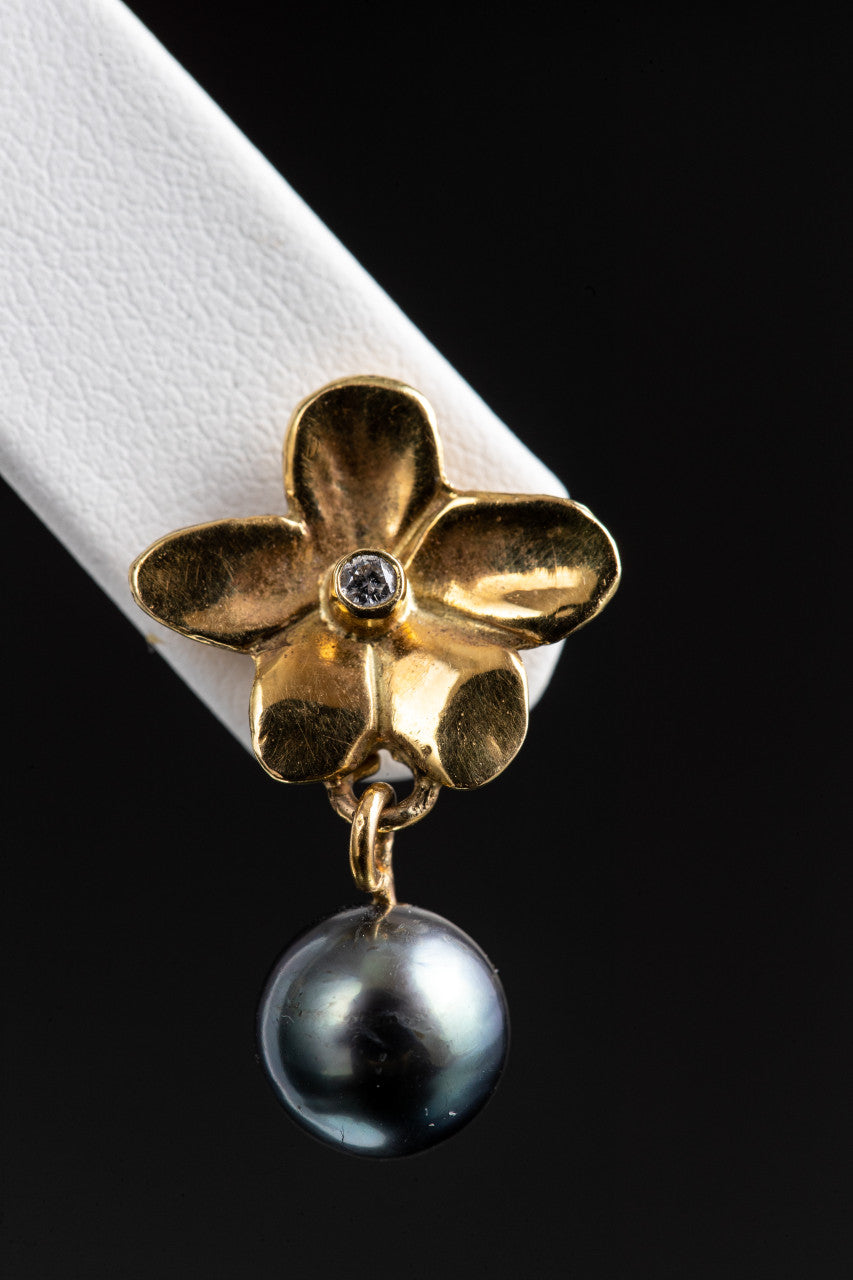 Black Tahitian Pearl & Diamond Flower 18k Dangles