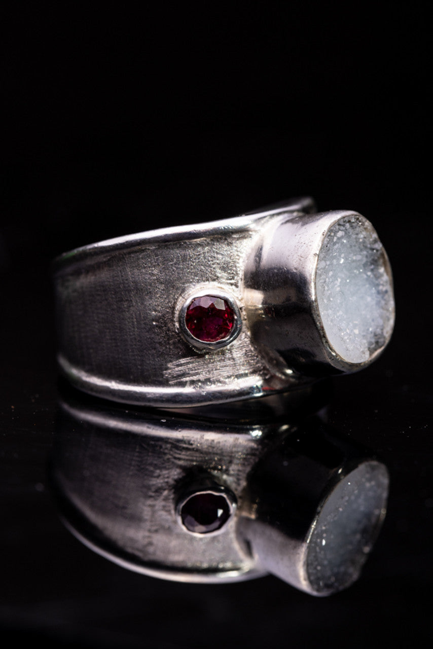 White Druzy and Ruby Sterling Ring