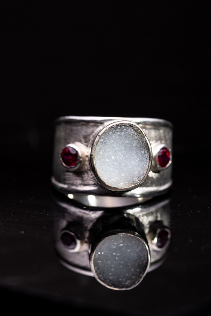 White Druzy and Ruby Sterling Ring