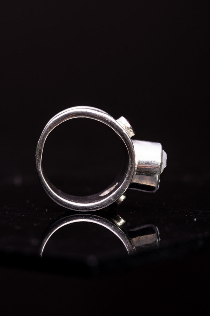 White Druzy and Ruby Sterling Ring