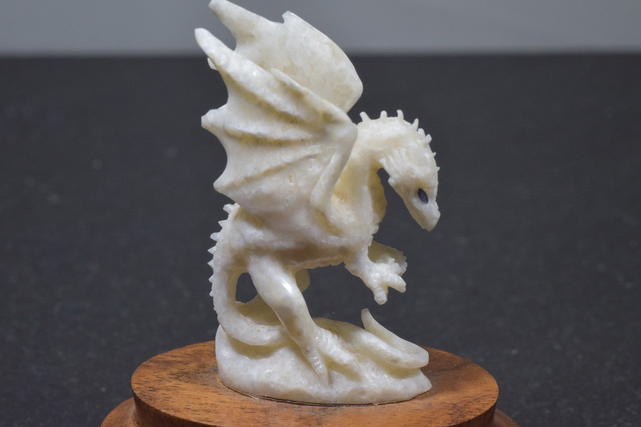 Fossilized Mammoth Tusk Ivory Hand Carved Dragon On An Oak Wooden Base