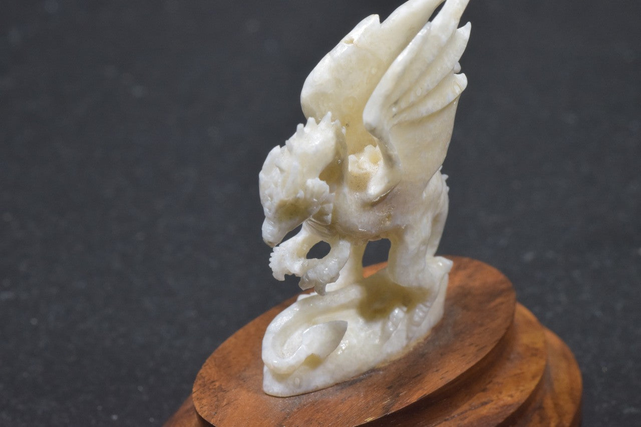 Fossilized Mammoth Tusk Ivory Hand Carved Dragon On An Oak Wooden Base
