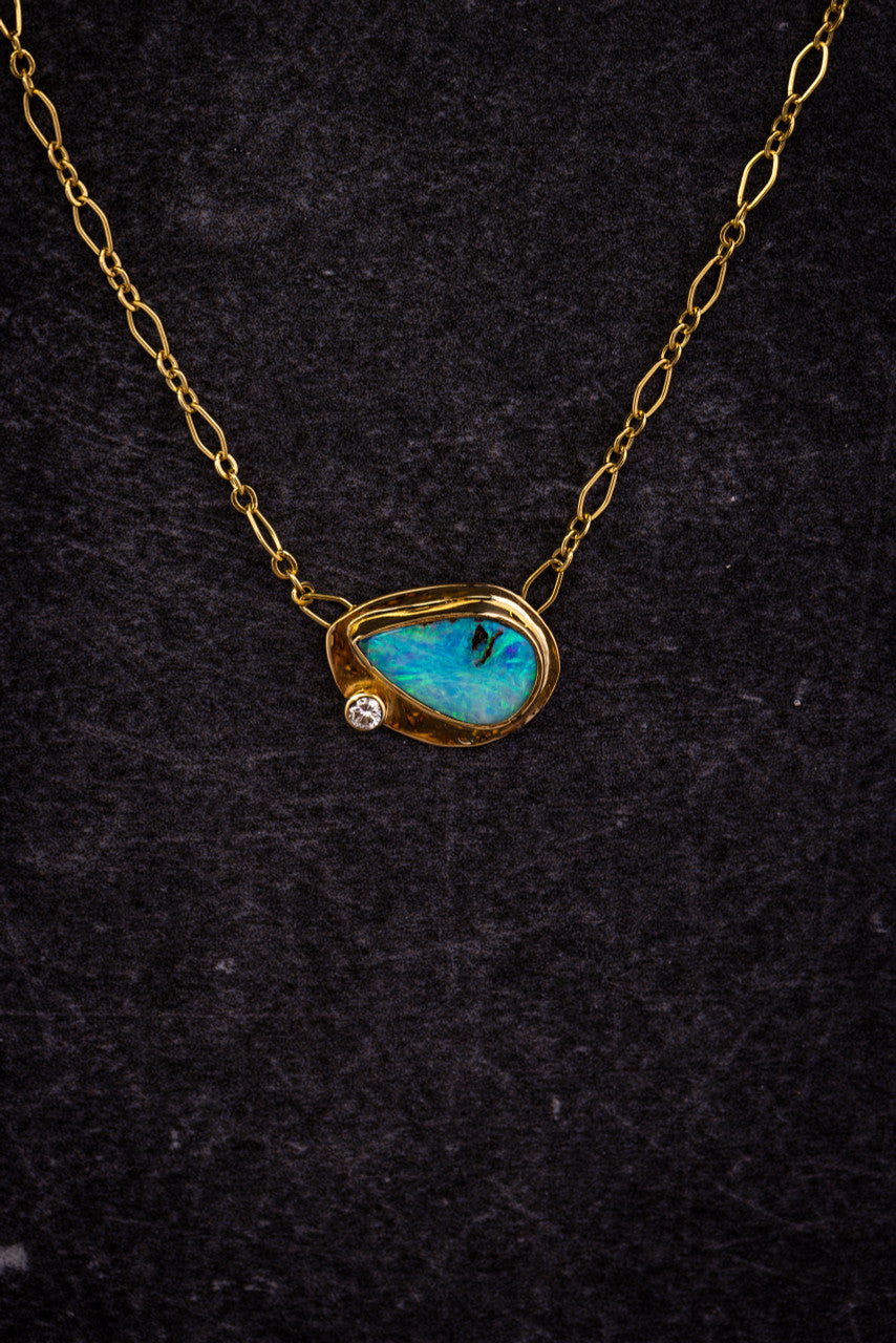 Boulder Opal Necklace with Natural Diamond
