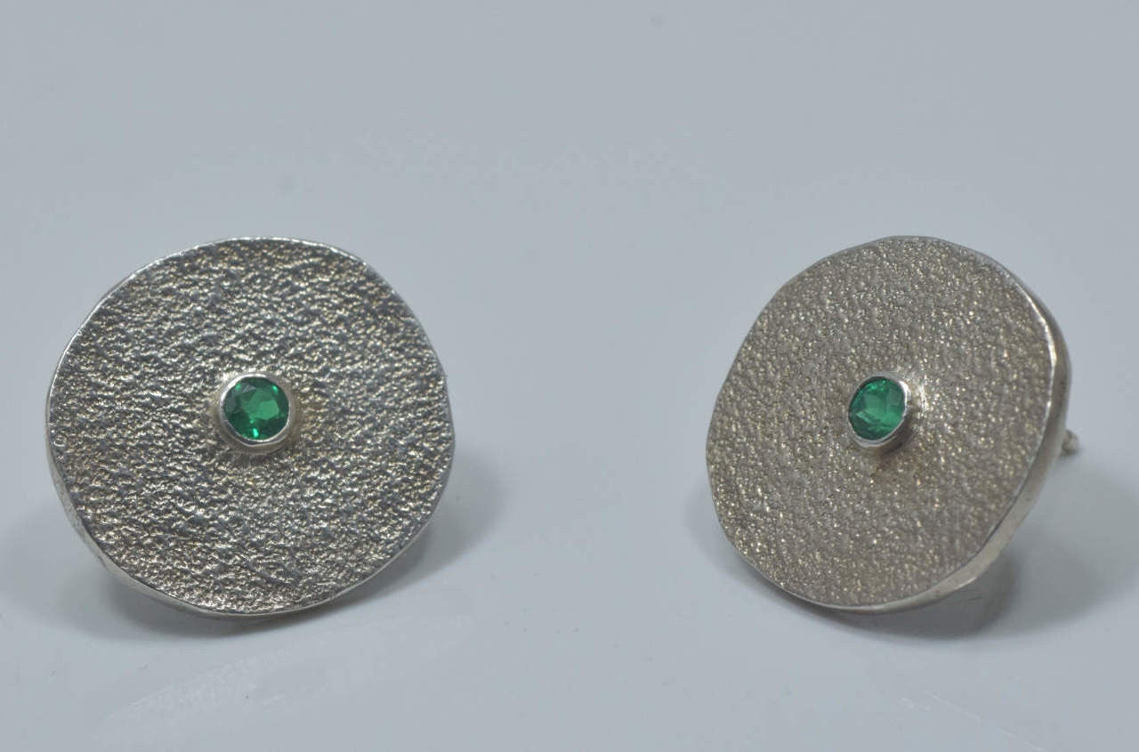 Emerald Texture Disc Sterling Earrings