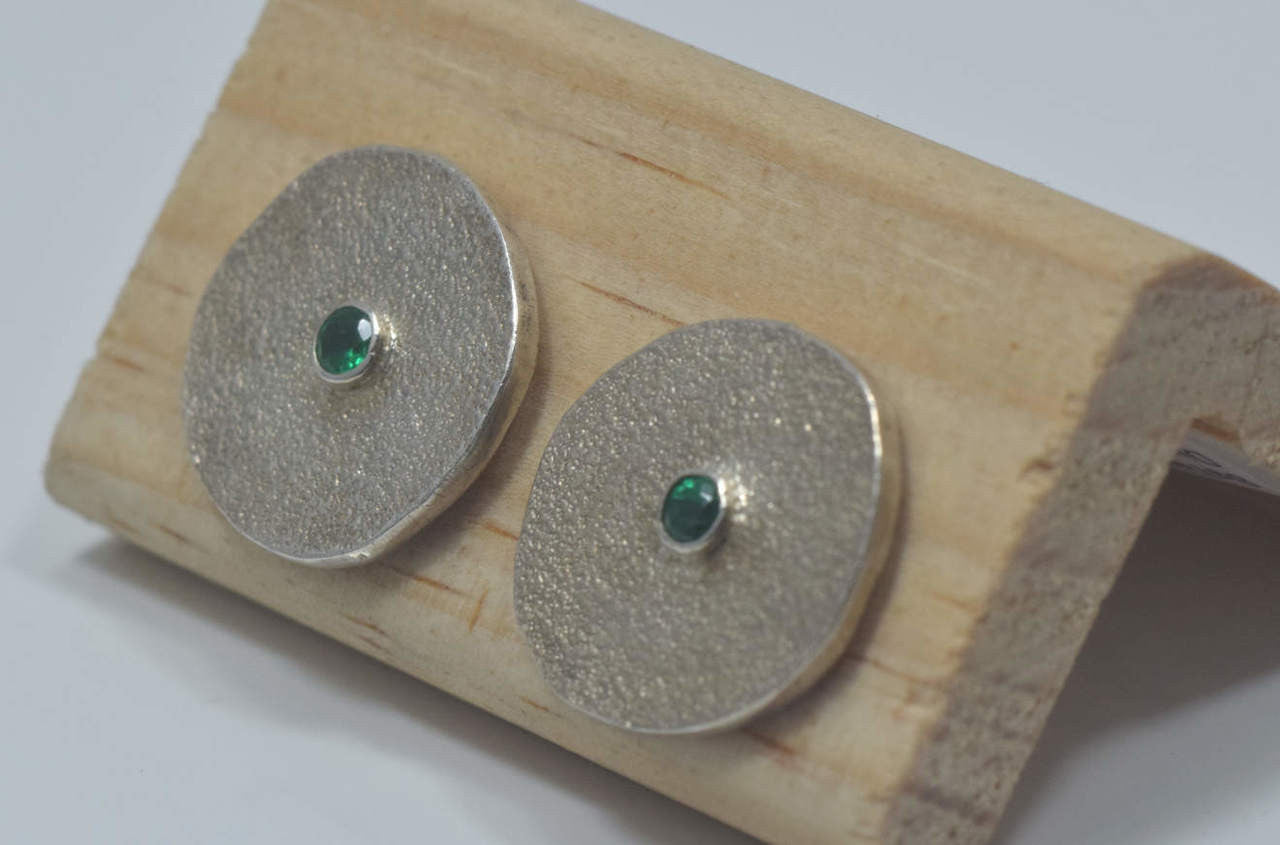 Emerald Texture Disc Sterling Earrings