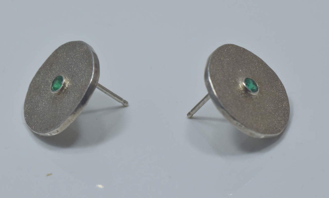 Emerald Texture Disc Sterling Earrings