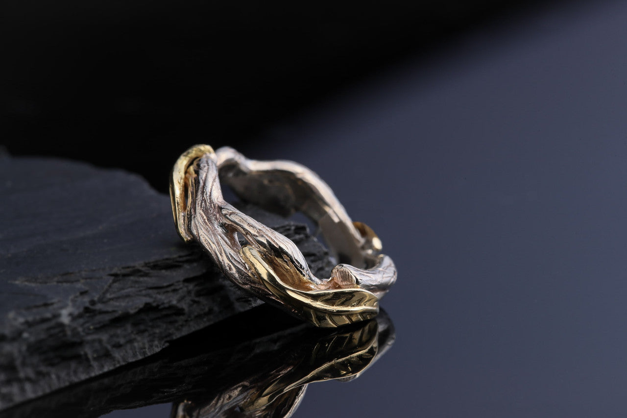 Bark Leaf Band in Sterling Silver & 18K