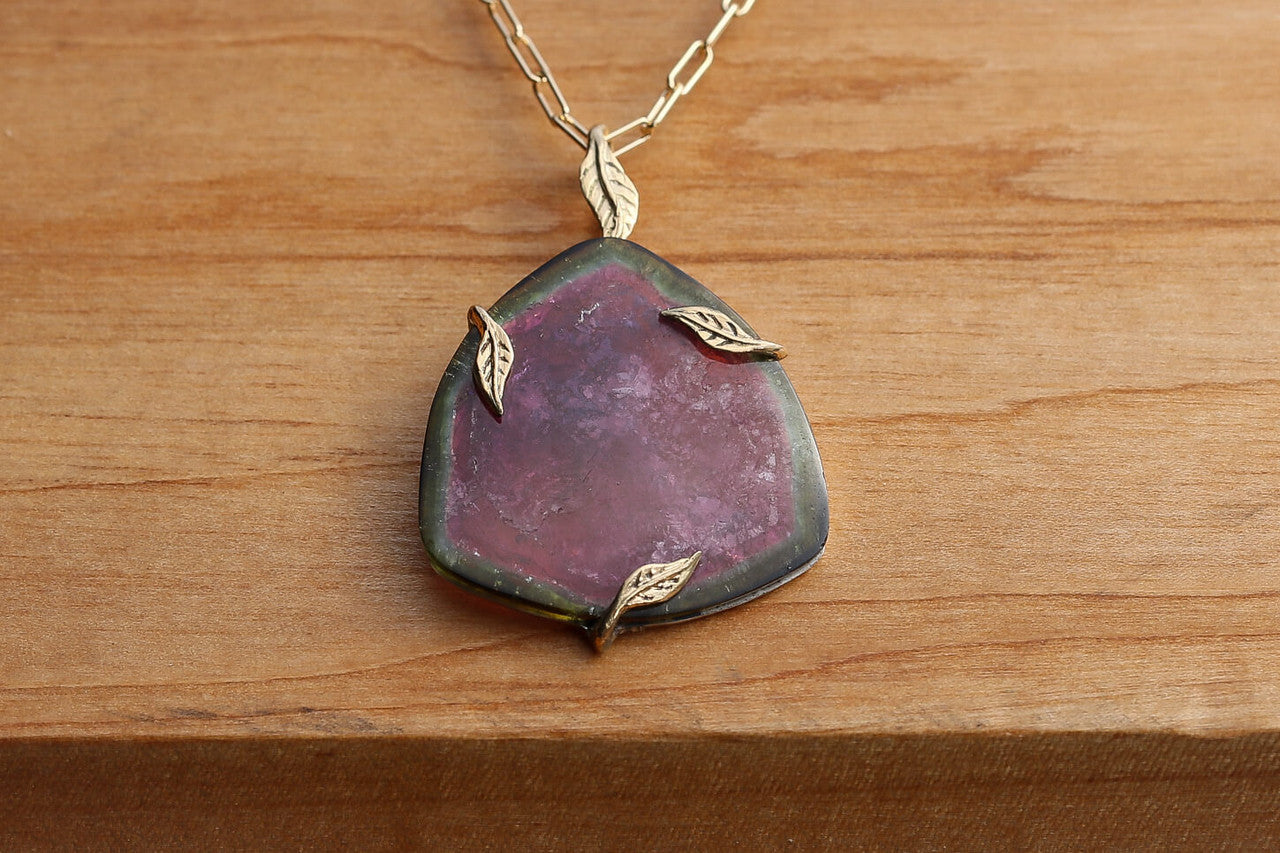 Watermelon Tourmaline Slice & 18k Leaf Pendant