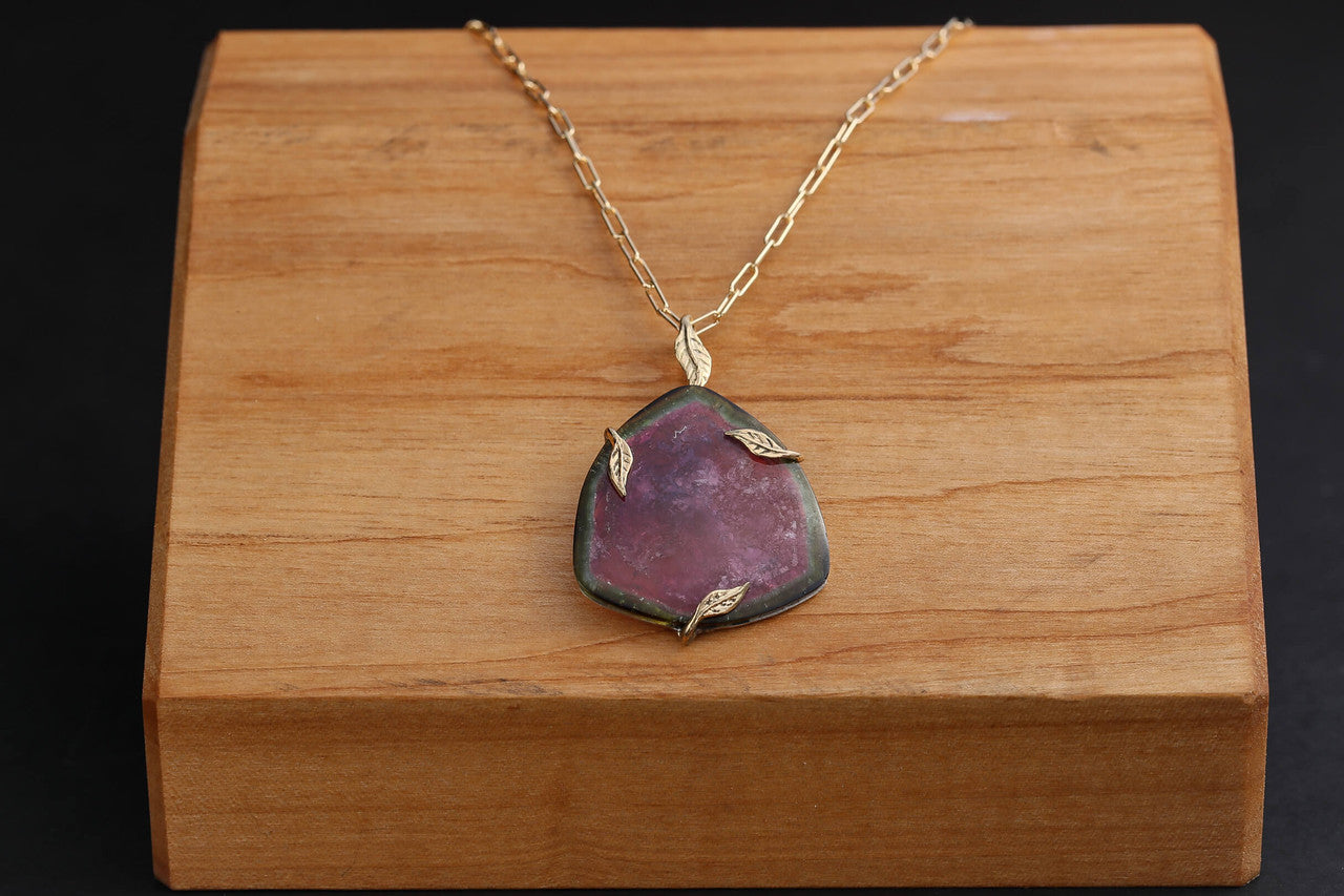 Watermelon Tourmaline Slice & 18k Leaf Pendant