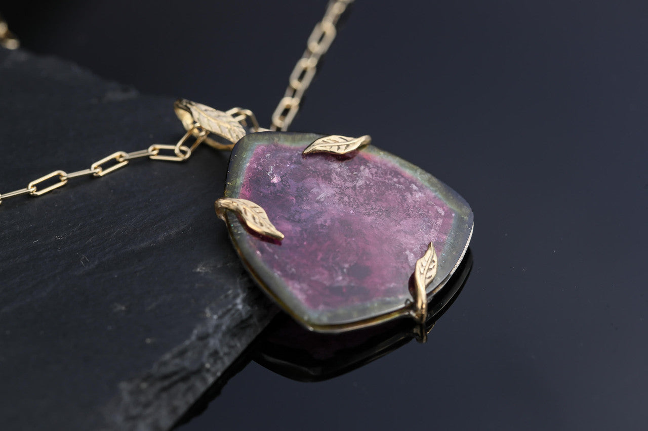 Watermelon Tourmaline Slice & 18k Leaf Pendant