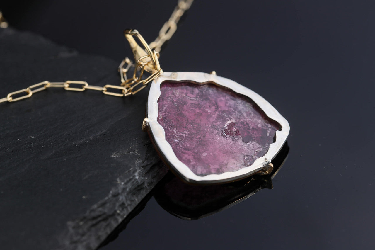 Watermelon Tourmaline Slice & 18k Leaf Pendant