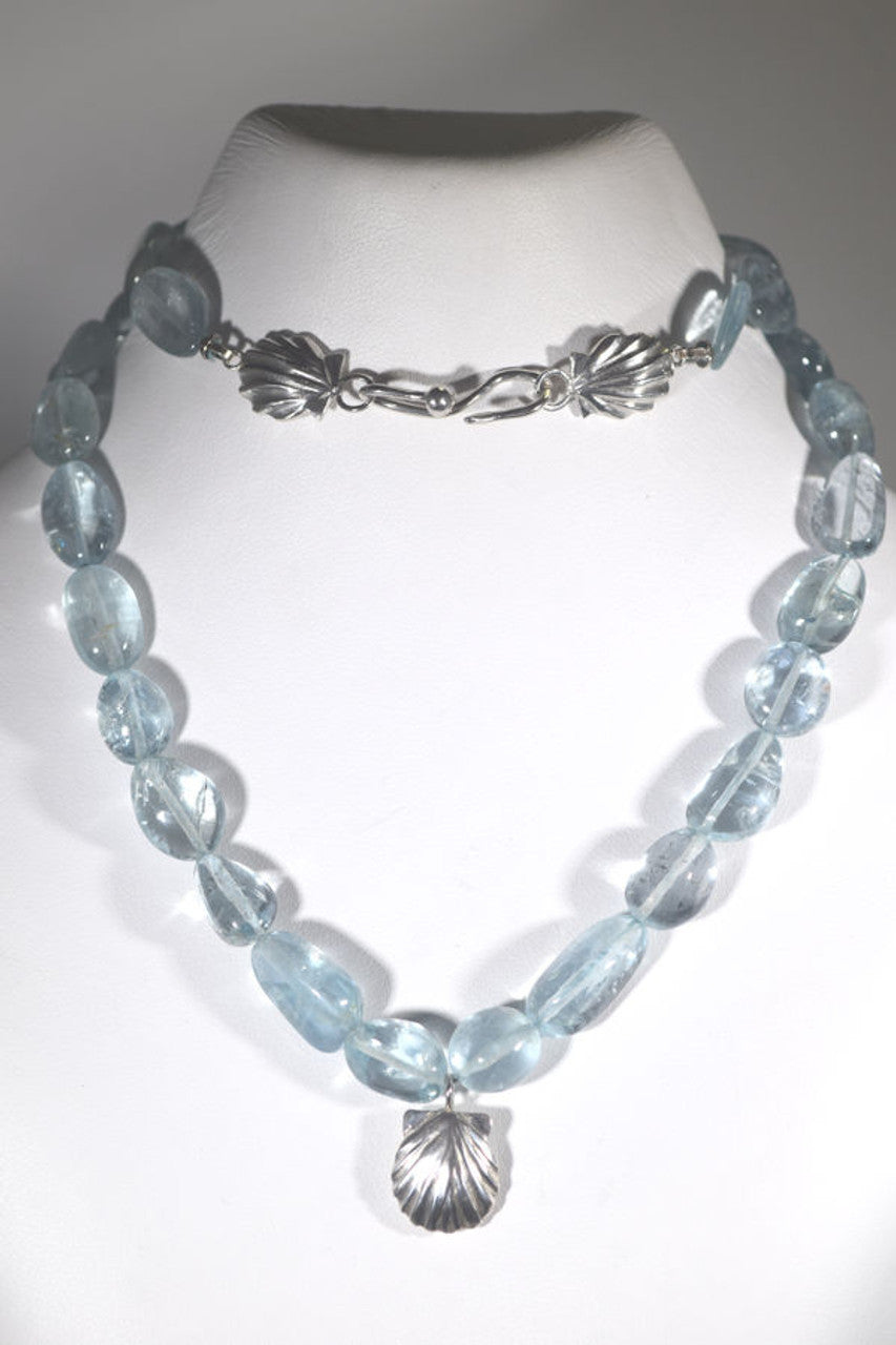 Aquamarine Strand with Sterling Silver Shell