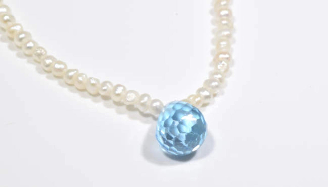 Blue Topaz Briolette Pendant on Freshwater Pearls Necklace