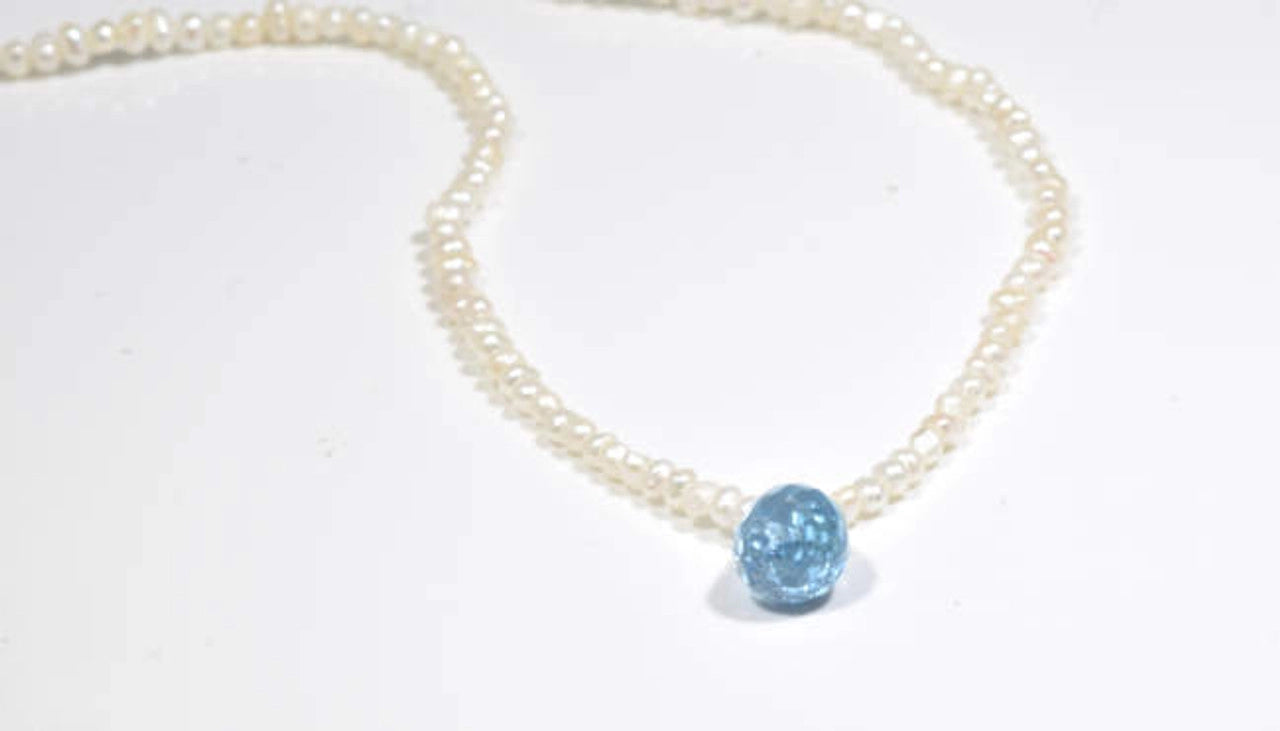 Blue Topaz Briolette Pendant on Freshwater Pearls Necklace