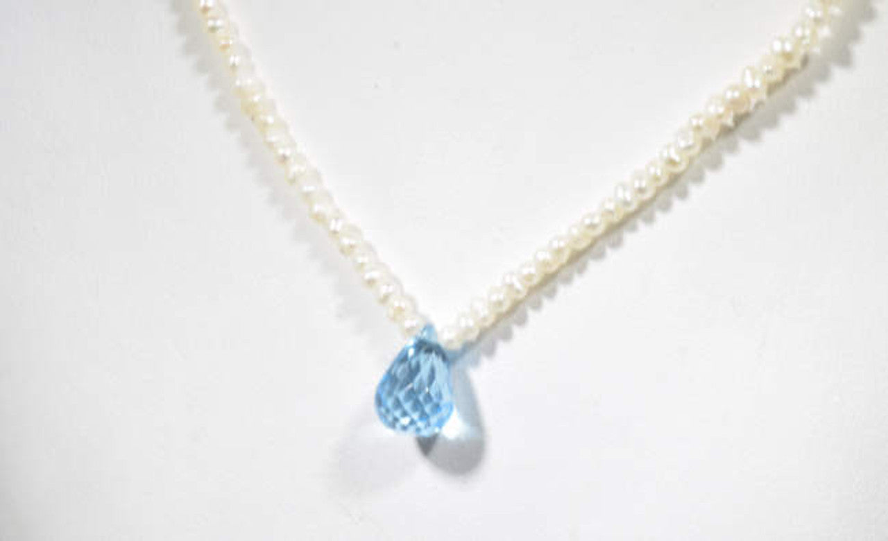 Blue Topaz Briolette Pendant on Freshwater Pearls Necklace