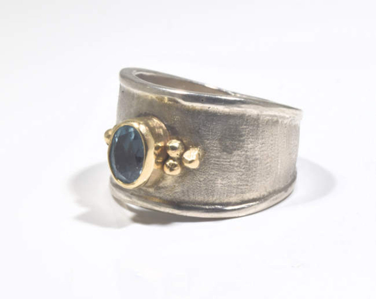 Blue Topaz Brushed Sterling Silver Beaded Ring