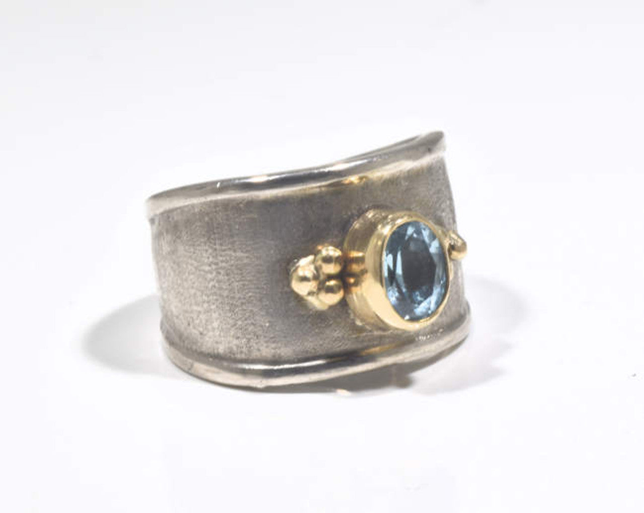 Blue Topaz Brushed Sterling Silver Beaded Ring