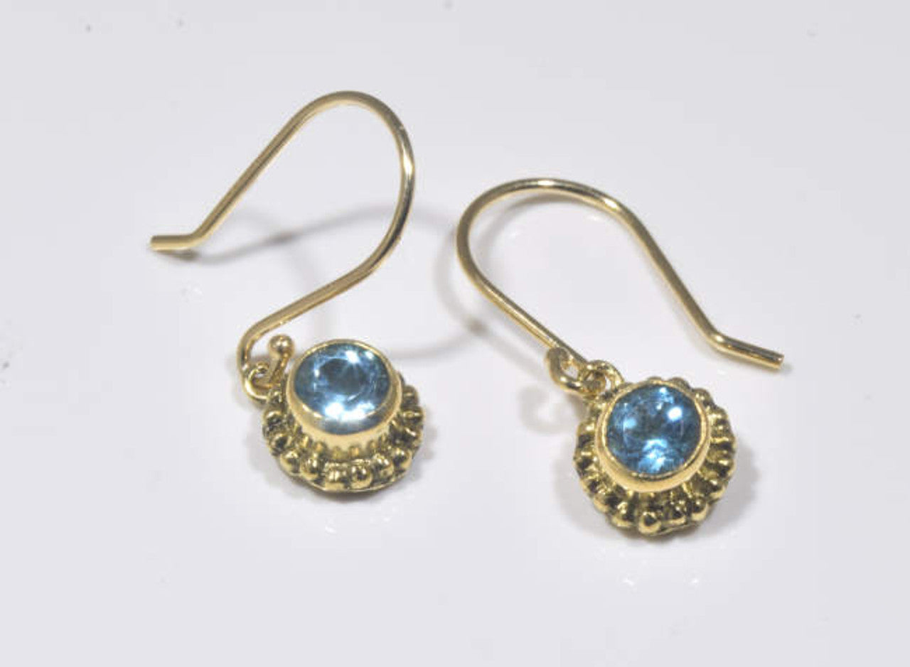 Blue Topaz Yellow Gold Beaded Dangle Earrings