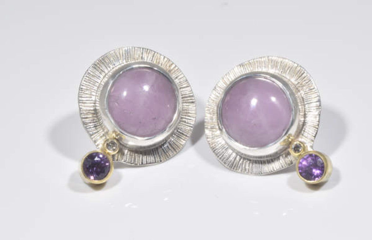 Kunzite, Diamond and Purple Sapphire Two Tone Earrings