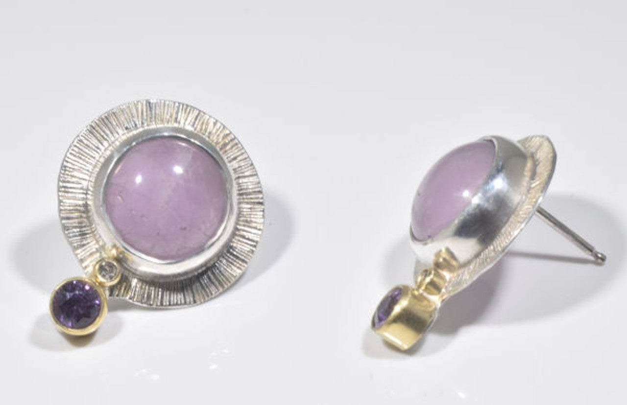 Kunzite, Diamond and Purple Sapphire Two Tone Earrings