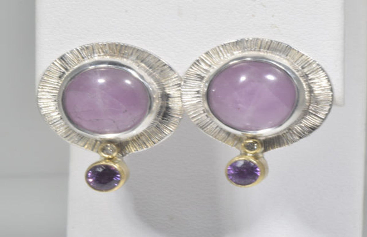 Kunzite, Diamond and Purple Sapphire Two Tone Earrings