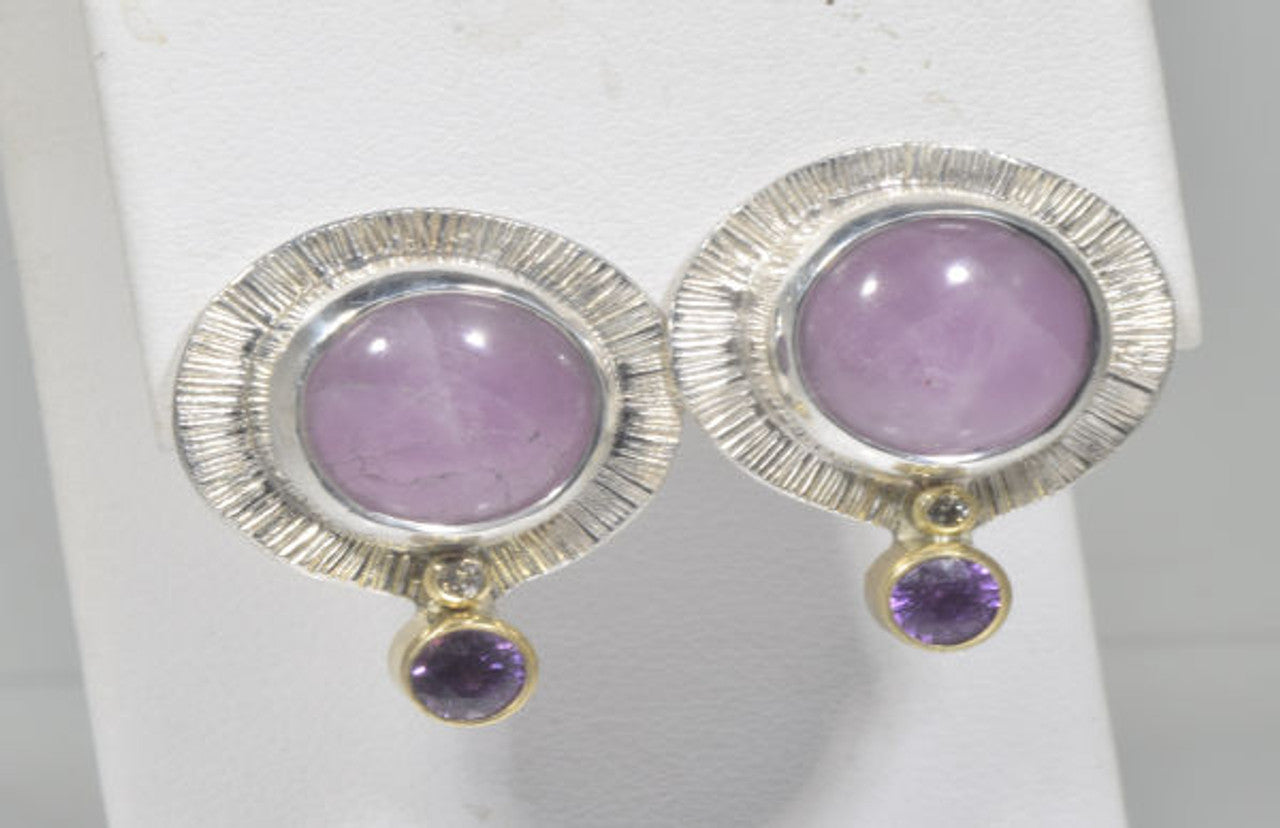 Kunzite, Diamond and Purple Sapphire Two Tone Earrings