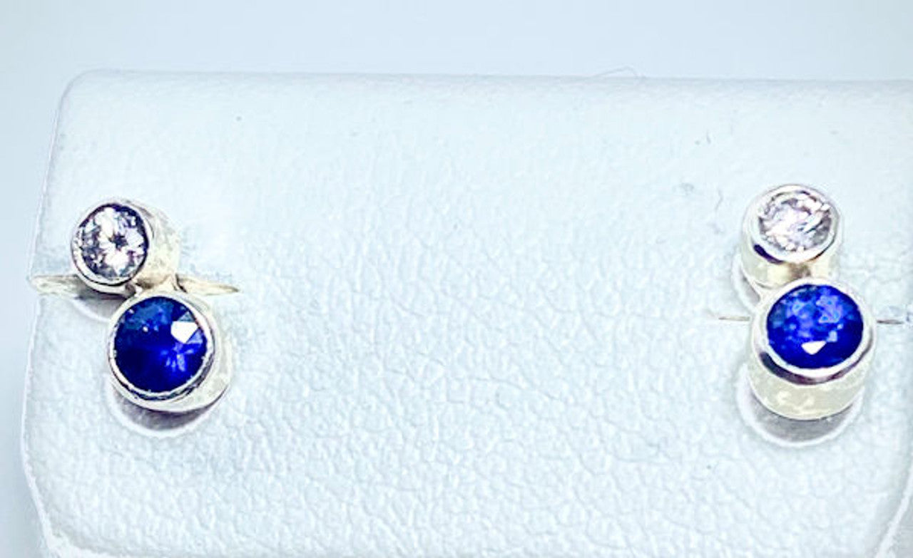 Sapphire and Diamond Silver Studs